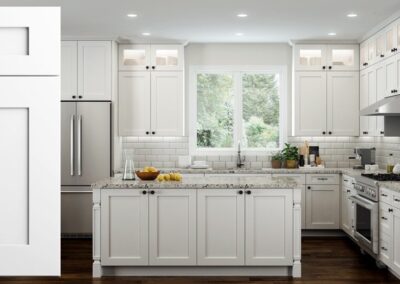 a kitchen with white cabinets and a marble countertop classic shaker style